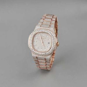 Reloj de Lujo Unisex con Esfera Baguette en Oro Rosa, Completamente Cubierto de Diamantes Moissanite VVS, Estilo Hip Hop, Cuarzo, Moda - Product Image 3