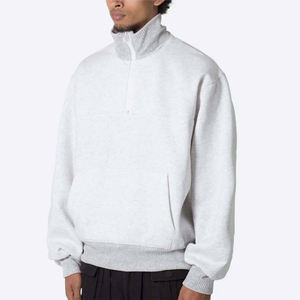 Unisex Light Grey Cotton Blended <b>Fleece</b> Quarter Zip Sweatshirt Custom Pullover High Neck Streetwear Casual Warm Winter Jumper - Product Image 2