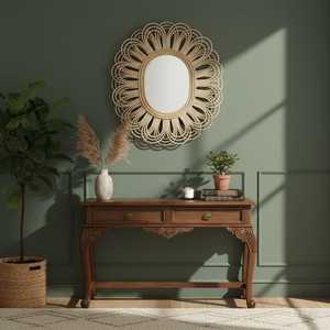 Miroir mural à cadre rond en rotin fait à la main Style Boho décor léger durable et écologique - Product Image 2