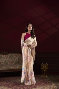 Saree exclusif en satin de soie à imprimé floral avec bordure en dentelle perlée et chemisier uni Banglory pour les distributeurs B2B Saree - Product Image 4