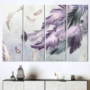 Impression sur toile moderne avec plumes violettes et grises - Décoration murale élégante, 4P : encadrée - Product Image 1