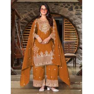 Elegante Vichitra bordado Salwar Kameez a juego Plazzo bordado Dupatta para fiesta moda étnica que absorbe la humedad - Product Image 3