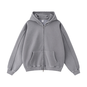 Manteau à capuche avec fermeture éclair complète Épaule tombante Loose Unisex Cotton Men Hoodie for Boy - Product Image 1