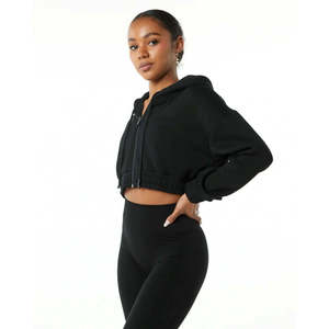 55% Cotton, 45% Spandex Drop Shoulder Style Oversized Cropped Fit <b>Black</b> Women Classic Capital Full-Zip Crop Hoodie - Product Image 3
