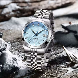 OEM <b>Custom</b> <b>Logo</b> <b>Automatic</b> Mechanical <b>Watch</b> 100M Water Resistant 316L Stainless Steel Jubilee Bracelet Ice Blue Textured Dial - Product Image 1