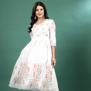 ชุดเดรส Anarkali ผ้าฝ้ายสำหรับผู้หญิง ความยาวระดับเข่า แขนยาว คอทรงโอ ทรงเอ พิมพ์ลายดอกไม้ - Product Image 1