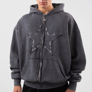 Distressed Star Fashionable Design Oversized <b>Grey</b> <b>Zip</b>-<b>Up</b> <b>Hoodies</b> Street wear Unique Style Custom Logo Size Men's Zipper Hooded - Product Image 6