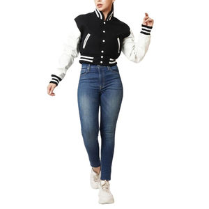New Fashion Ladies Cropped Varsity Jacket 100% Cotton Baseball Bomber Crop Top Embroidery <b>Quilted</b> Design Long Sleeve College - Product Image 1