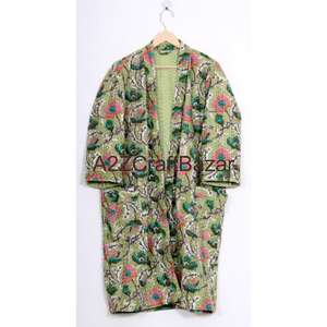Handmade Kantha Women's Short Robe Long Soft Floral Pattern V-neck Drawstring Closure <b>Warm</b> Coat for <b>Winter</b> Autumn Spring Bath - Product Image 1