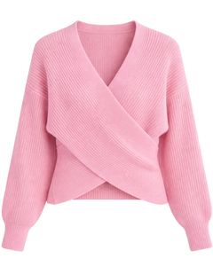Manufacturer Customized <b>Women</b> Baby Pink Ribbed Knit Wrap Top Long Sleeve V Neck <b>Cropped</b> Sweater Casual Fashion Winter Wear - Product Image 2