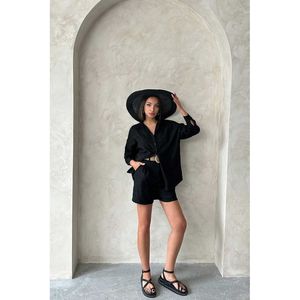 TOPSHOW Embroidered Linen Blend Shorts for Women - Black Cotton Polyester Casual Summer Wear - Product Image 2