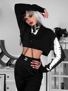 Sudadera Corta con Capucha para Mujer, Negra, de Manga Larga, Estilo Gótico, con Decoración de Cadena, Estampado de Calavera, para Otoño - Product Image 5