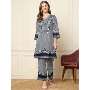 Conjuntos coordinados Deebaco para mujer, con rayas azules, cuello en V, manga tres cuartos, largo hasta el tobillo, estilo casual de verano, kurta con palazzo. - Product Image 6
