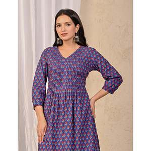 Ensemble Kurta Anarkali et pantalon imprimé bleu, style ethnique indien avec broderies, pour tenue de soirée, en coton filet - Product Image 1