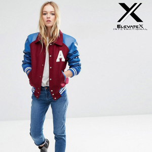 ELEVATEX INTERNATIONAL Women's Varsity Jacket Maroon Blue PU Leather Sleeves Letter A Embroidered Front Turn-down Collar - Product Image 6