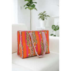 Bolso tote pequeño de algodón artesanal estilo bohemio, sostenible, para mujer, con estampado de tigre, cremallera naranja, ligero y grande. - Product Image 2