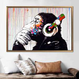 Lienzo Impreso con Diseño de Mono Pensativo de Banksy - Decoración de Pared con Graffiti, 1 Pieza: Marco Dorado - Product Image 1