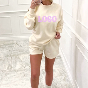 Ensemble 2 pièces décontracté en molleton de coton personnalisé pour femmes, taille haute, col rond, short, respirant, sweat-shirt - Product Image 6