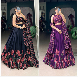 Conjunto de Lehenga Choli estampado floral de seda Tussar de diseñador con borla Dupatta para bodas y ropa festiva Distribución al por mayor - Product Image 6
