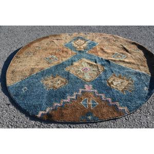 Tapis turc vintage de 4,3 x 4,3 pieds, tapis rond, tapis en laine marron - Product Image 5