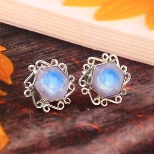 Handmade 925 Sterling Silver <b>Fine</b> <b>Stud</b> <b>Earrings</b> Cute Style Hexagon Rainbow Moonstone Bezel Setting Gemstone Jewelry Engagement - Product Image 3