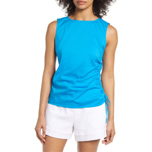 Top sin mangas de popelina para mujer Diva Talla X-Large Halogen(R) azul fruncido con decoración fruncida transpirable - Product Image 1