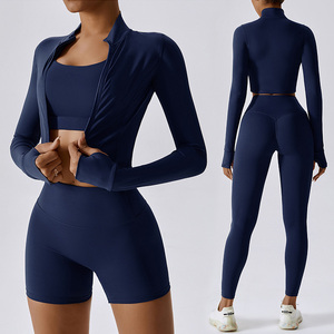 <b>Top</b> Selling High Quality Solid Women's <b>Long</b> Sleeve Yoga Legging 3-Piece Set with Jacket High Waist Quick Dry - Product Image 5