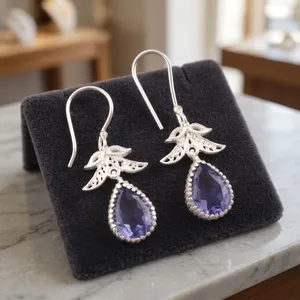 925 <b>Sterling</b> <b>Silver</b> Bohemian Drop <b>Earrings</b> Geometric Pattern Purple Iolite Bezel <b>Set</b> Handmade Dangle <b>Earrings</b> - Product Image 2