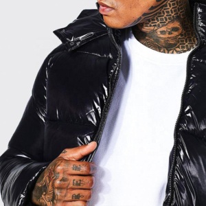 Vestes à capuche noires coupe-vent pour hommes, décontractées, hiver, fermeture éclair, rembourrage épais en polyester, couleur unie, vestes matelassées - Product Image 6