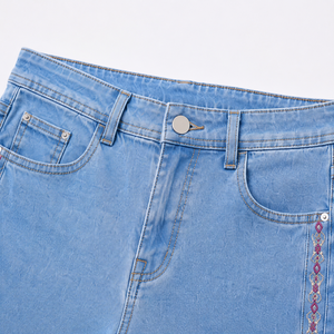Jeans de Mezclilla Bordados de Pierna Recta Azul Claro para Mujer, Cintura Alta, Estilo Casual, Pantalones de Algodón Lavado, Venta al Por Mayor, OEM, ODM, Personalizados - Product Image 5