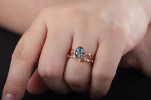 Anillo de promesa de rama de ramita de Plata de Ley 925, juego de anillos de compromiso de Alejandrita y moissanita de forma ovalada chapada en oro rosa de 14K - Product Image 2