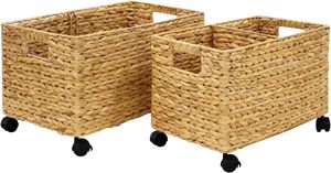Modern Natural Water Hyacinth Rolling Storage Baskets on Wheels with Insert Handle Mobile <b>File</b> Cabinet for Table Desk Storage - Product Image 6