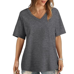 Camisetas de manga corta informales de verano para mujer, color gris oscuro, venta al por mayor, decoración bordada, lona transpirable, estilo con cuello en V - Product Image 2