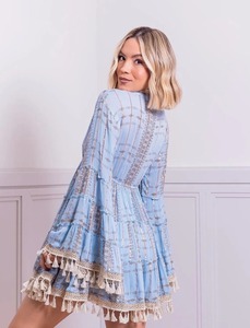 Imprimé floral col rond manches longues devant à lacets taille élastique femmes décontracté rayonne robe bohème robes décontractées robe Maxi - Product Image 4