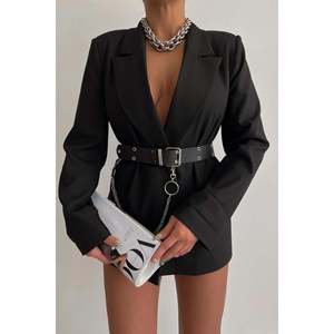 Women's Belt with Eyelet Detail and Chain, Trouser Belt, <b>Jacket</b> Belt, <b>Gothic</b> Belt, Chain Belt - BLACK - Product Image 2