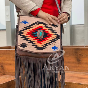Nouveau Style occidental usiné à la main selle couverture frange sac à main de haute qualité femmes aztèque cuir Turquoise pierre bandoulière Baga - Product Image 1