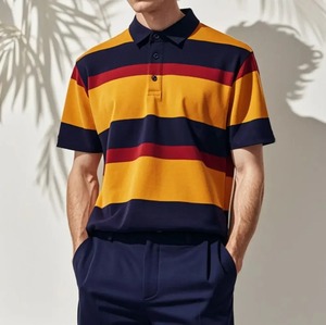 เสื้อโปโลแขนสั้นคอปกของผู้ชายผ้าฝ้าย100% ระบายอากาศลายทางเสื้อผู้ชายลำลอง - Product Image 5