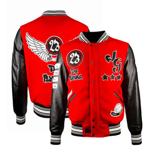 Wholesale Men's Varsity Jackets <b>Red</b> <b>Wool</b> Body Leather Sleeve Fashionable Embroidery Logo Lettermen Baseball Varsity Jacket - Product Image 3