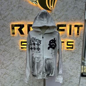 Sweat à Capuche avec Fermeture Éclair et Bouffant Noir de Qualité Supérieure à la Mode Veste à Fermeture Éclair en Strass Lavage à l'Acide Vintage Hommes Polaire à Capuche Streetwear - Product Image 4