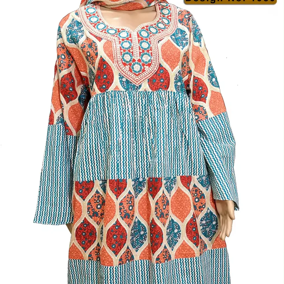 Vestido de noite Maxi Kaftan estampado em algodão com desenho moderno e tamanho personalizado para mulheres