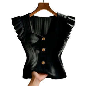 Blusa de verano casual para mujer, de punto acanalado, con pliegues, manga con volantes, botones frontales, cintura ajustada y cuello cuadrado - Product Image 1