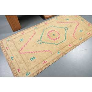 Alfombra de lana beige Bohemia grande 3,3X7,1 pies diseño de retazos de estilo clásico turco para dormitorio pasillo rectángulo 4m de ancho látex - Product Image 2