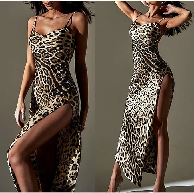 Summer hot sale women's backless leopard print dress  spaghetti strap slit slim dress cocktail dress