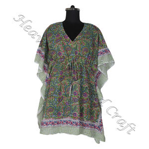 100% coton femmes vêtements de nuit main bloc imprimé caftan robe KFCS144 léger femmes décontracté Occasion porter des robes courtes Caftan - Product Image 2