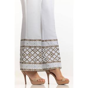 Pantalon évasé blanc 100% soie brute imprimé au bloc, taille haute avec broderie à la main, tissu crêpe TR-24-22 - Product Image 3
