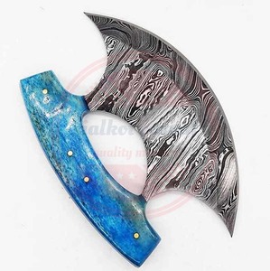 Coupe-pizza en acier damassé fait à la main couteau Ulu professionnel manche en bois avec gaine en cuir - Product Image 2