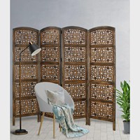Paravent en bois sculpté artisanal Smart Art, 4 panneaux, finition vieillie, thème décoration intérieure