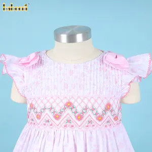 Girl Geometric Smocked Dress In Pink OEM ODM kids smocked baby dress smocked girl dress kids clothing wholesale - DR3783