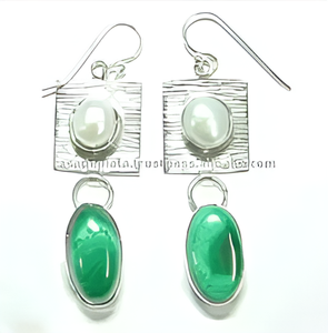 Green Emerald, <b>Pearl</b> Gemstone 925 Sterling <b>Silver</b> <b>Earring</b> Romantic <b>Silver</b> Plated <b>Earring</b> for Wedding, Gift & Anniversary - Product Image 2