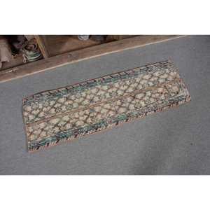 Classique Beige Bleu 1.2x 3.7ft Tapis En Laine À La Main Vintage Conception Turque Patchwork Forme pour Salon Couloir Latex - Product Image 5